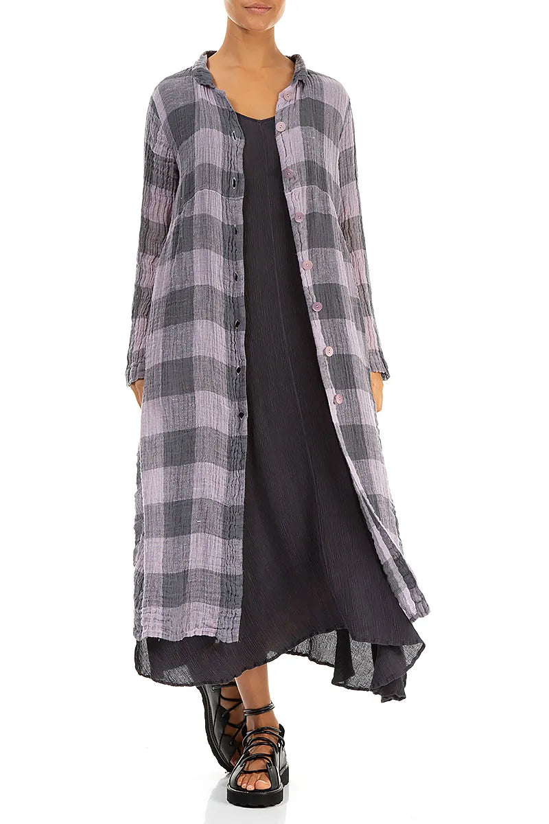 Robe-veste en gaze de lin lilas à grands carreaux