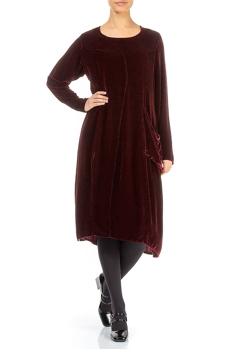 Balloon Single Pocket Dark Merlot Silk Velvet Dress 4