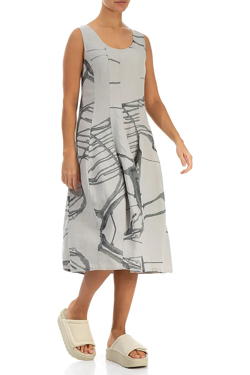 Balloon Sleeveless Printed Beige Linen Dress 4