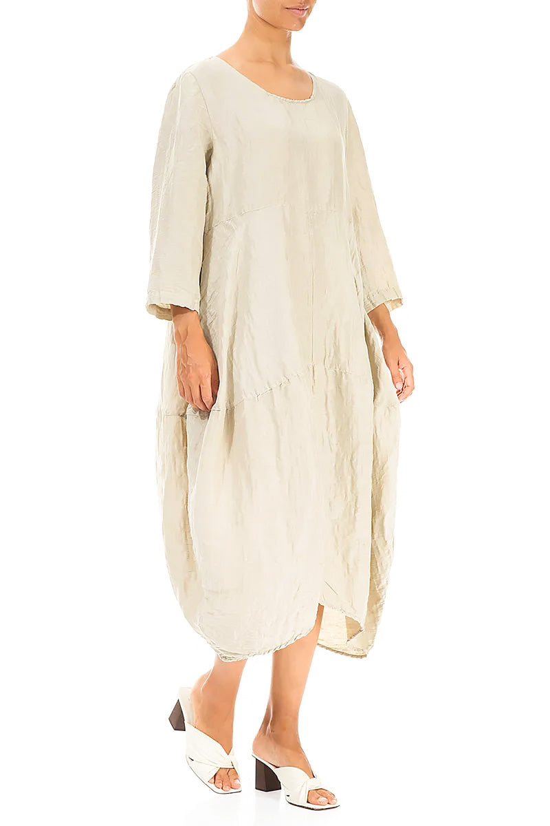 Balloon Textured Laurel Green Silk Linen Dress 3