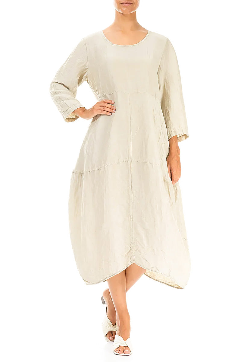 Balloon Textured Laurel Green Silk Linen Dress 4