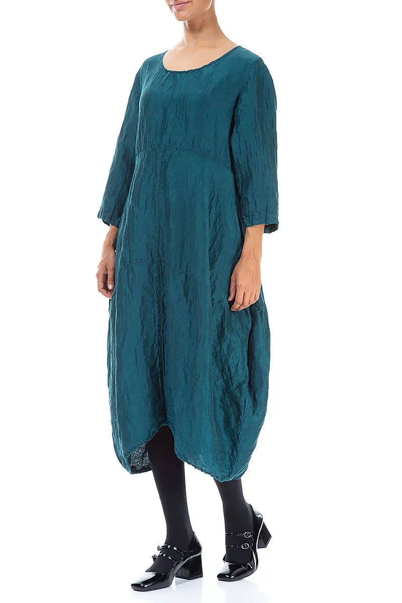 Robe en lin et soie à texture ballon et motif paon