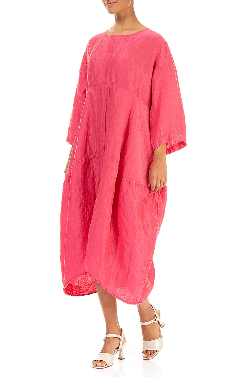 Balloon Textured Raspberry Silk Linen Dress 3