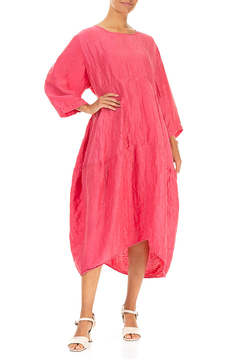 Balloon Textured Raspberry Silk Linen Dress 4