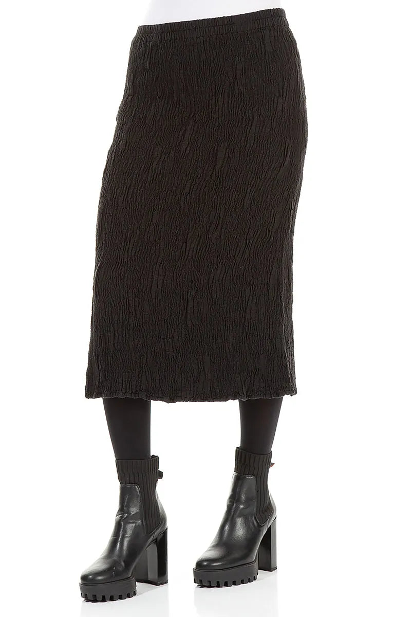 Black Textured Silk Linen Pencil Skirt 3