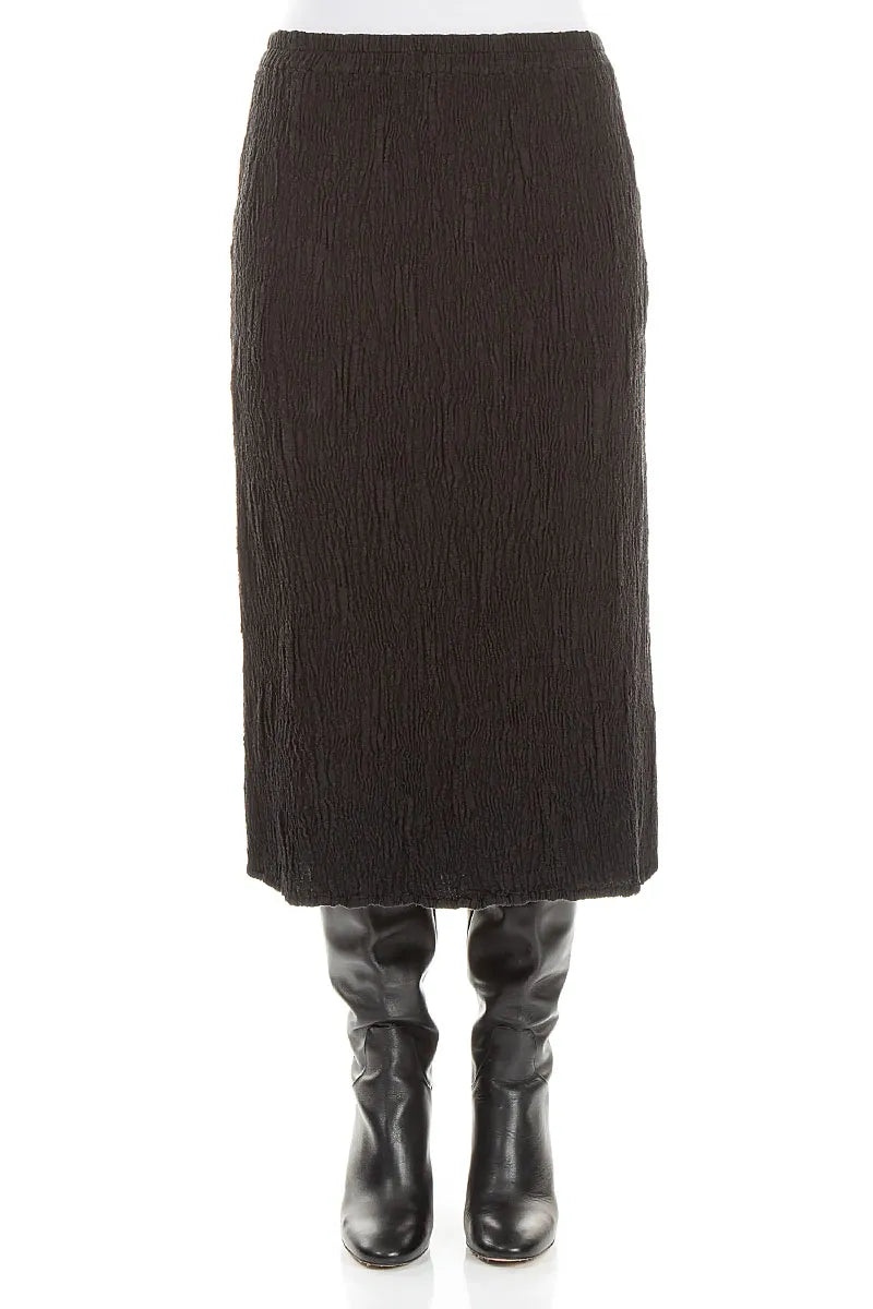 Black Textured Silk Linen Pencil Skirt