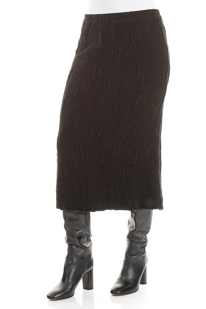 Black Textured Silk Linen Pencil Skirt