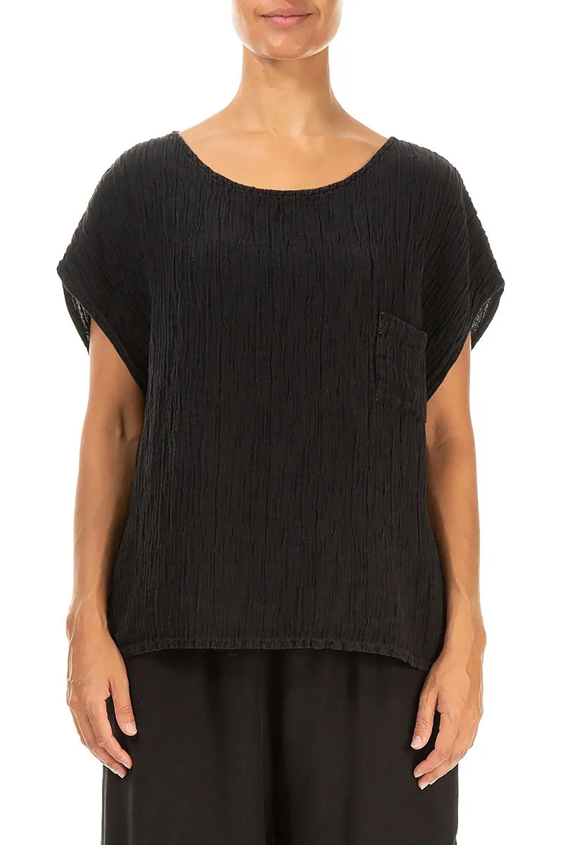 Boxy Black Crinkled Silk Blouse