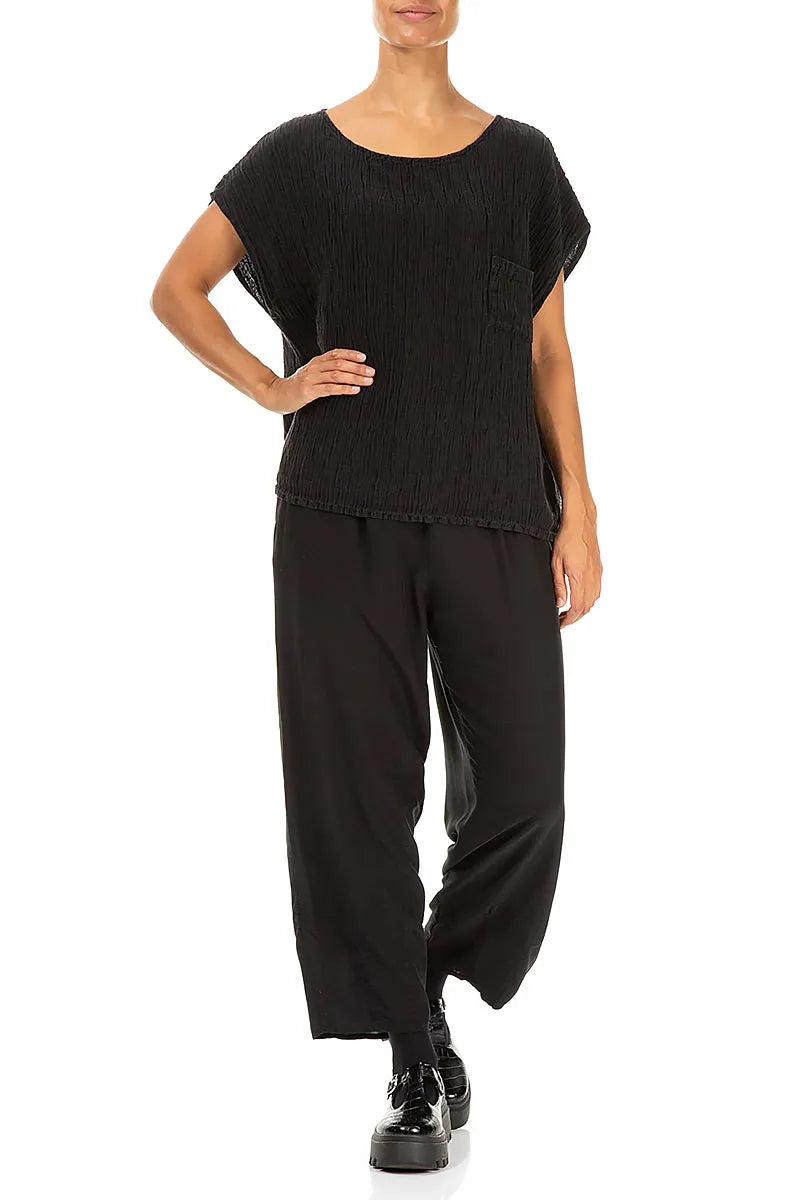 Boxy Black Crinkled Silk Blouse