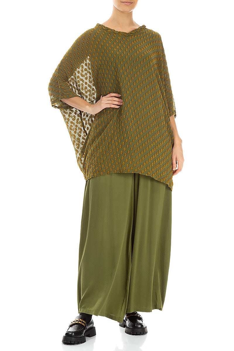 Boxy Bubbly Pattern Olive Silk Blouse 4