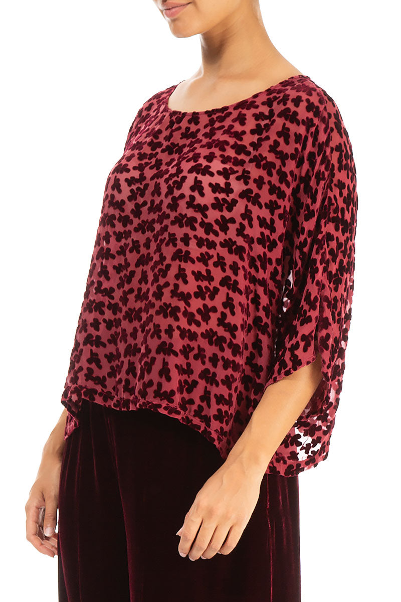 Boxy Devoré Petals Claret Silk Velvet Blouse 3