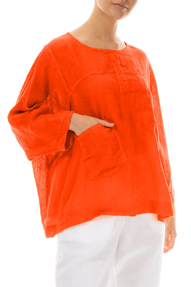Boxy Flame Orange Gauze Linen Blouse