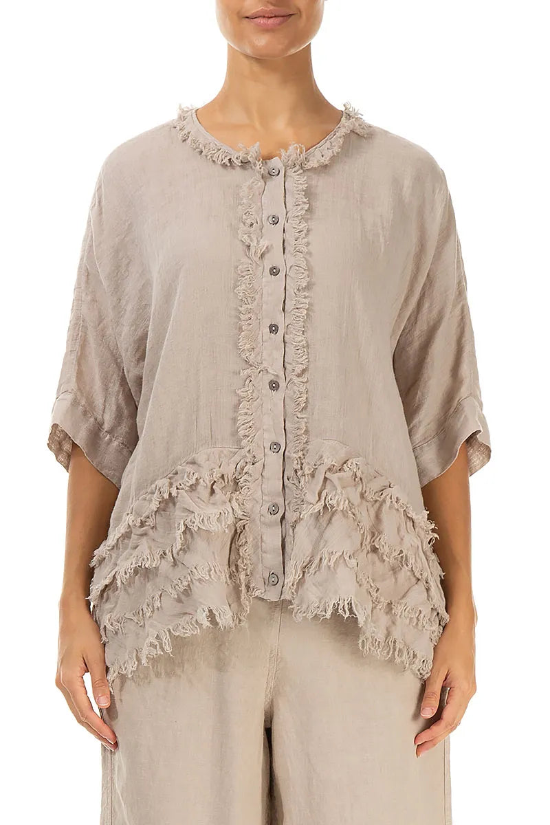 Boxy Frayed Edge Beige Gauze Linen Blouse 1