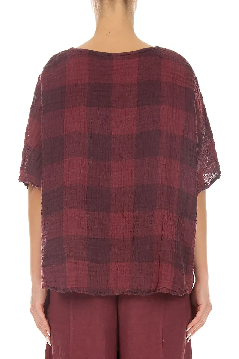 Boxy Large Check Antique Ruby Gauze Linen Blouse