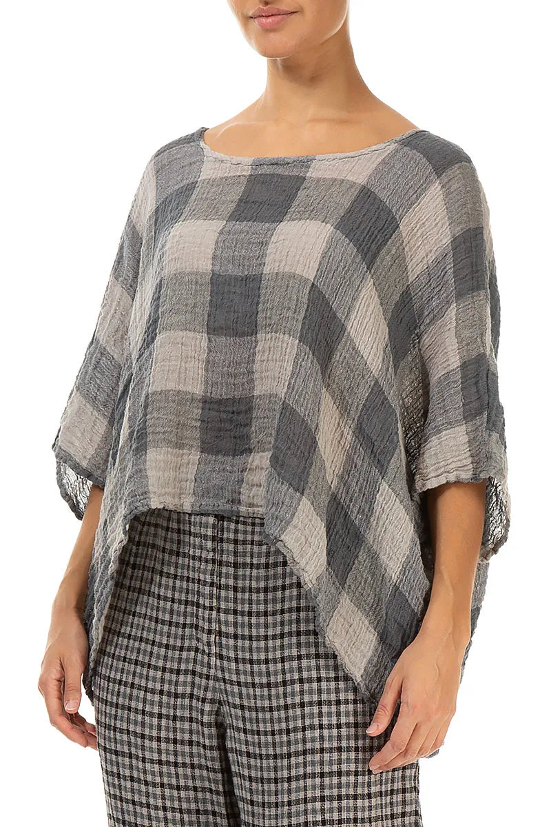 Boxy Large Check Beige Gauze Linen Blouse 3