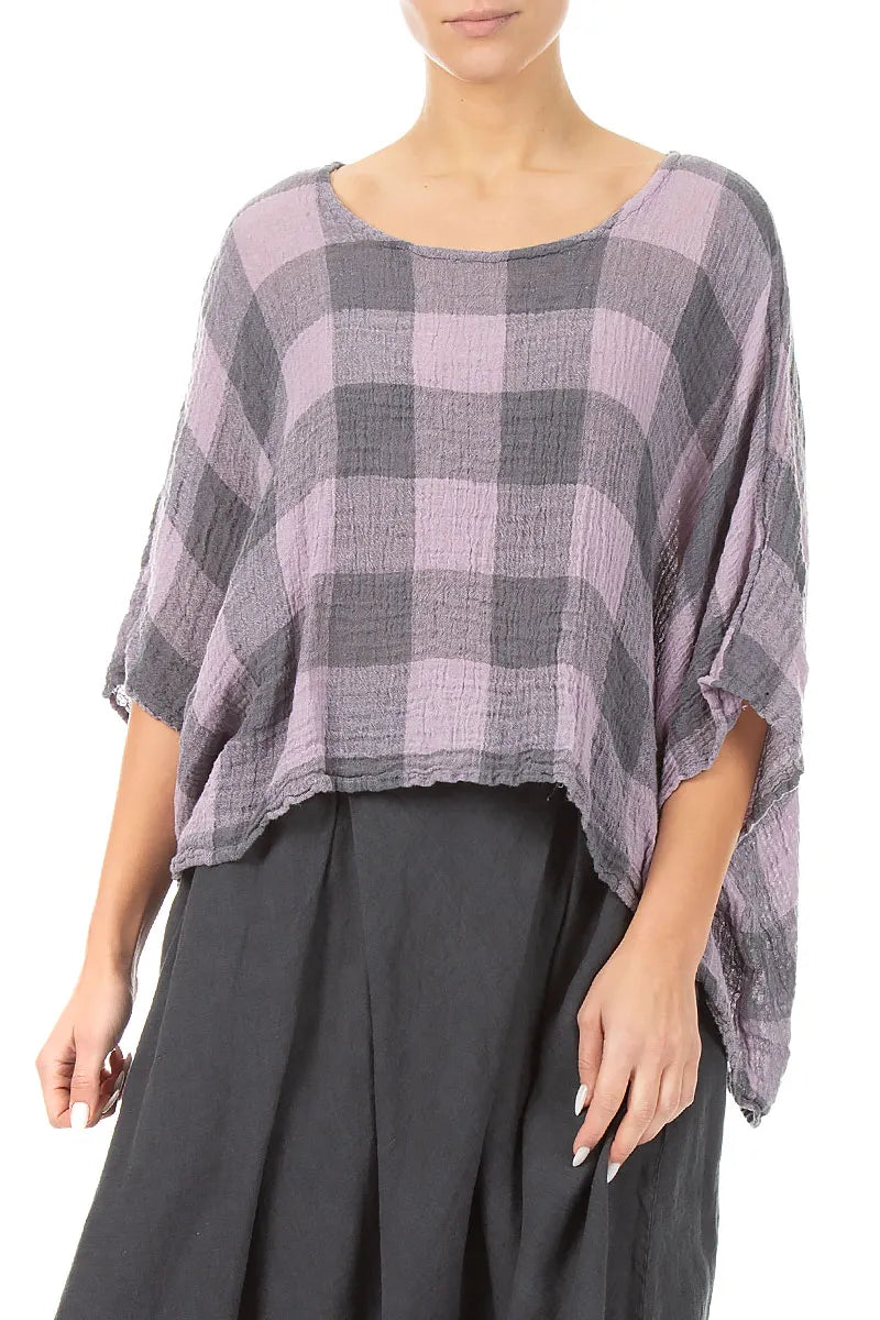 Boxy Large Check Lilac Gauze Linen Blouse 3