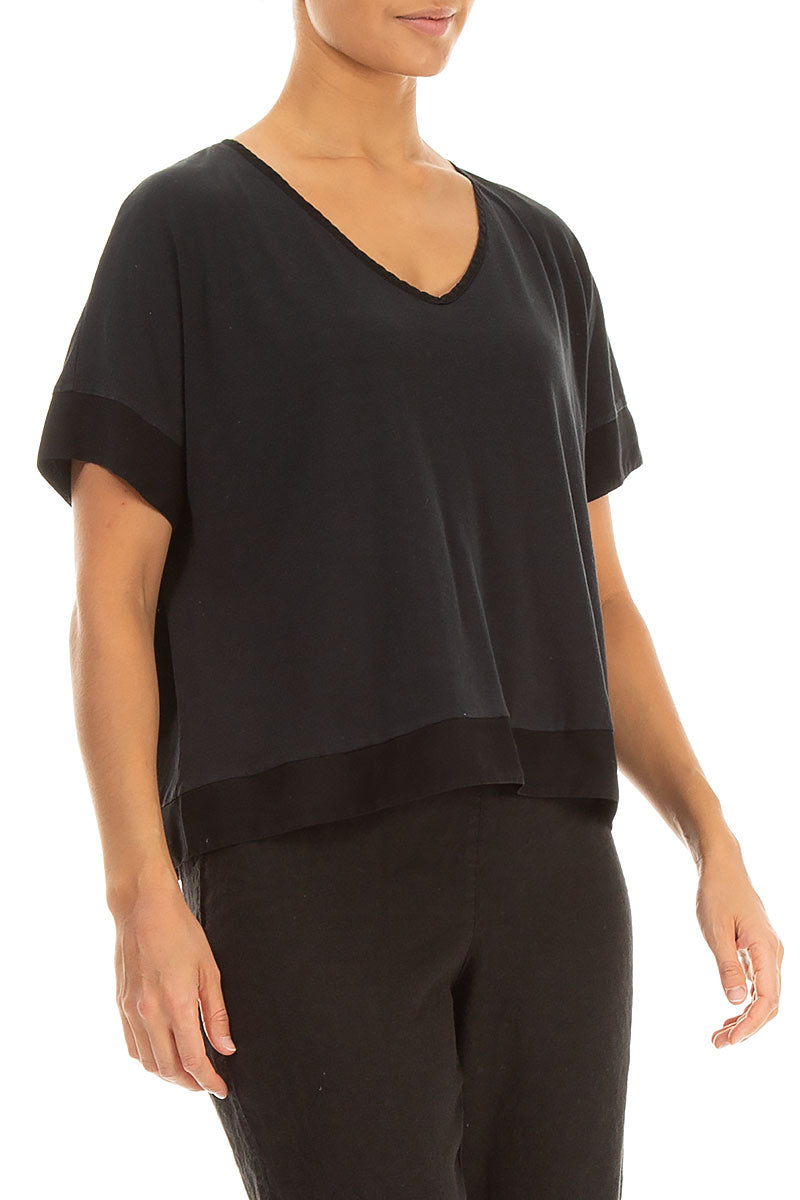 Boxy V-Neck Black Silk Cotton Blouse 3