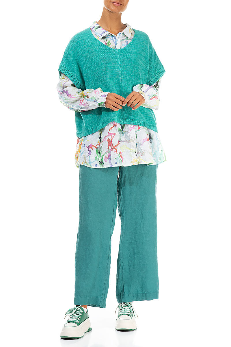 Boxy V-Neck Ocean Linen Vest 5