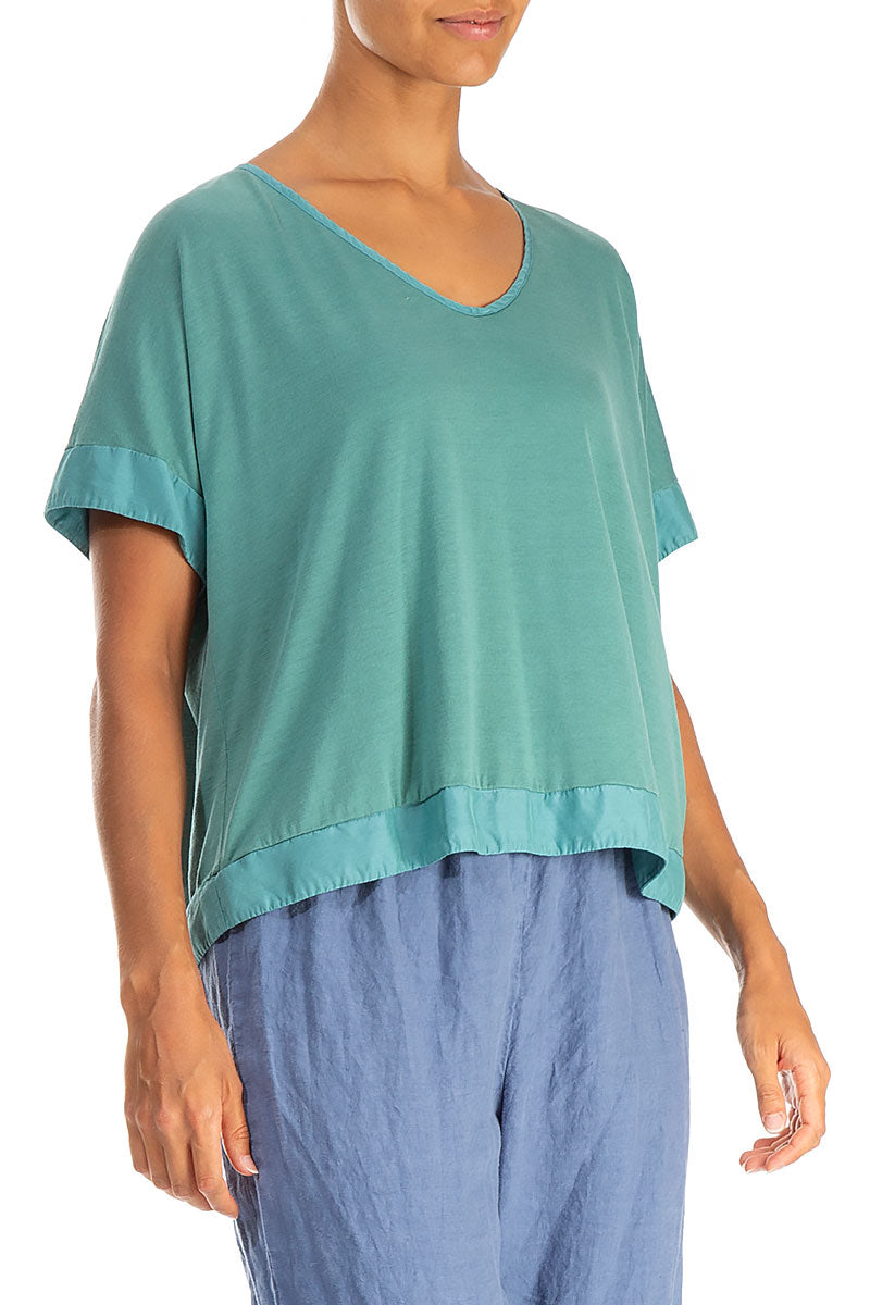 Boxy V-Neck Turquoise Silk Cotton Blouse 3
