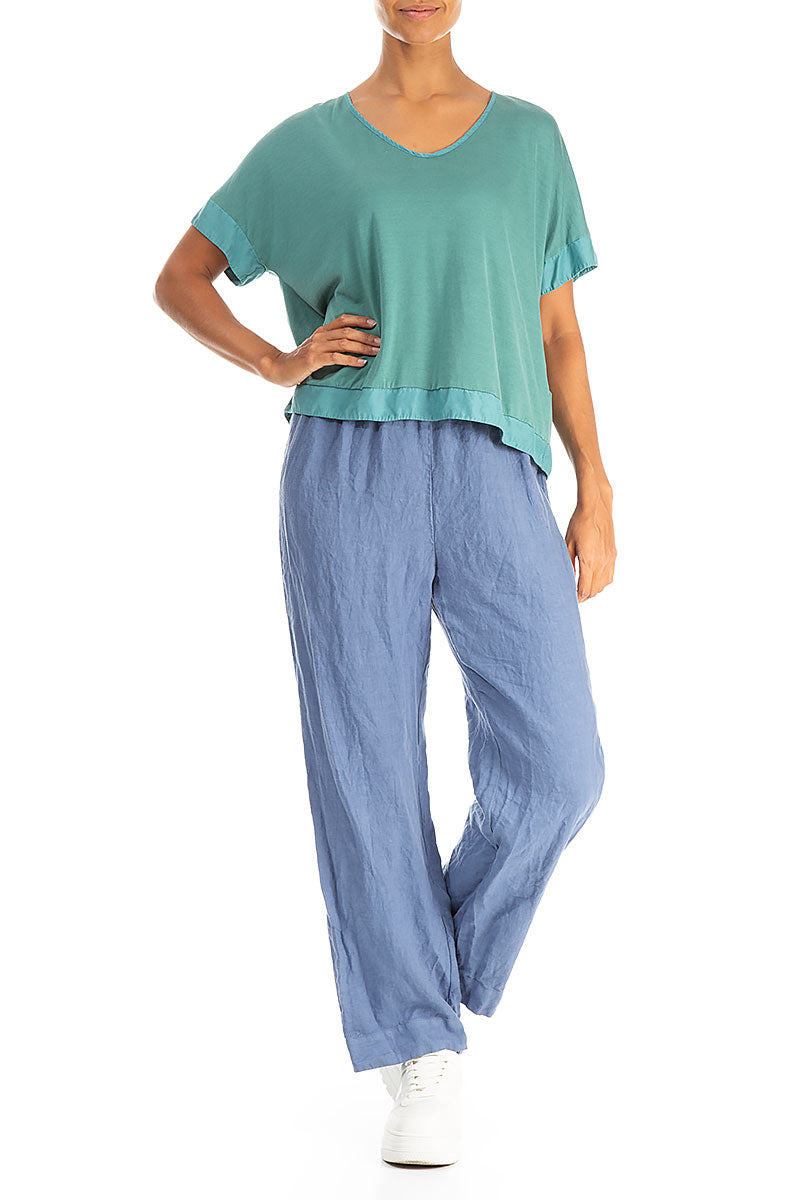 Boxy V-Neck Turquoise Silk Cotton Blouse 4