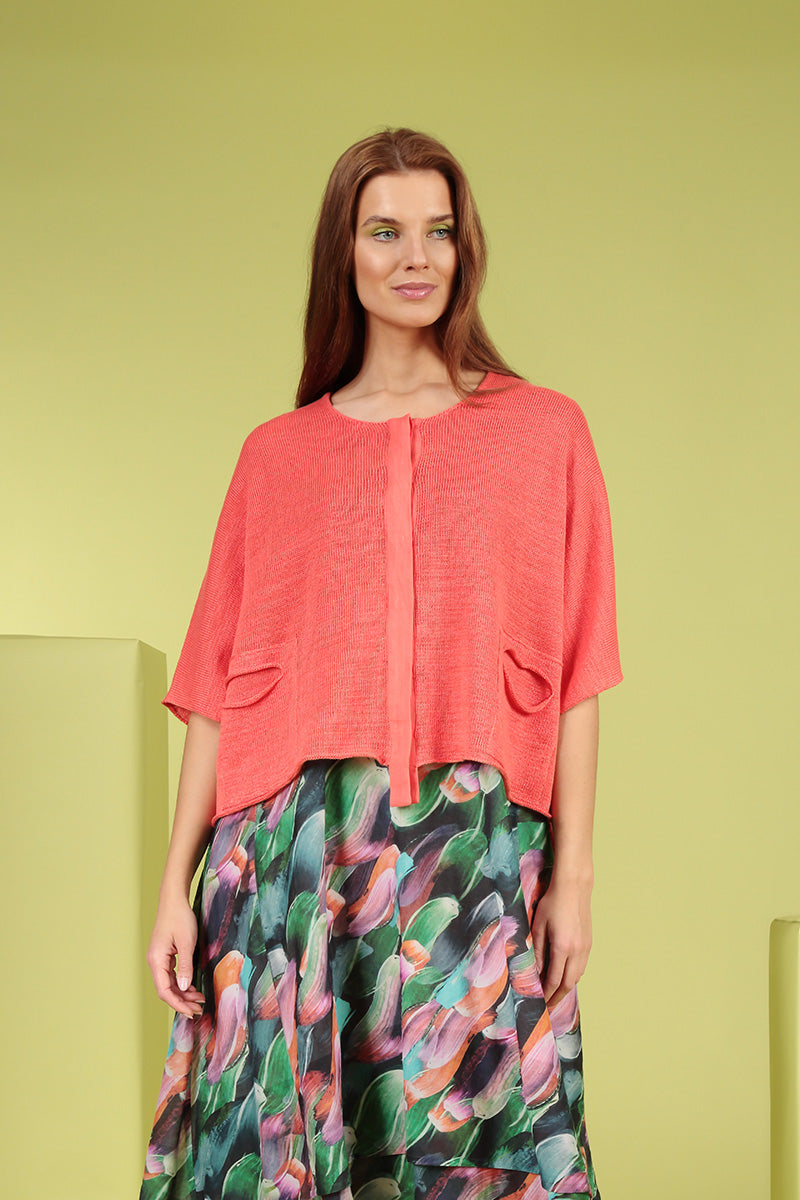 Button Band Boxy Coral Linen Cardigan 6