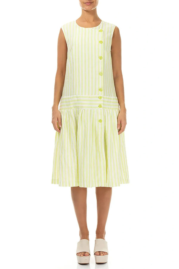 Button Detail Lime Striped Linen Dress 1