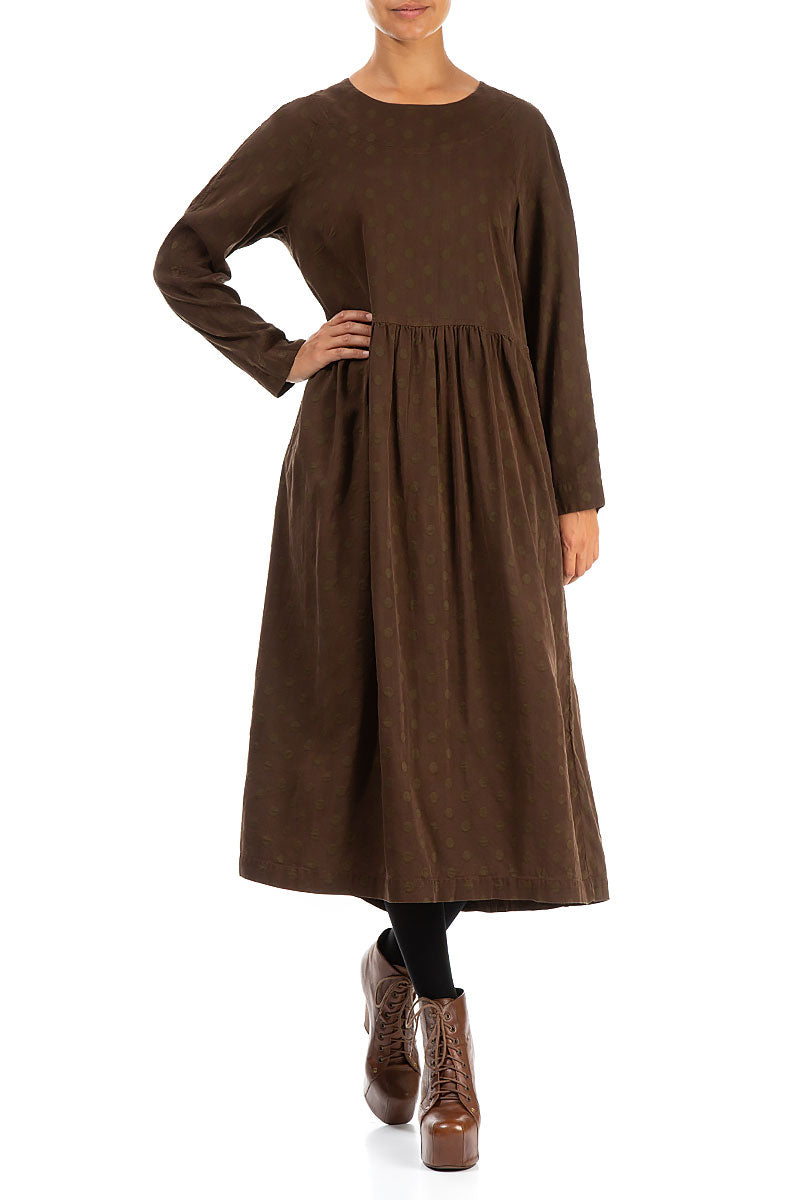 Buttoned Back Dotty Black Olive Silk Dress 4