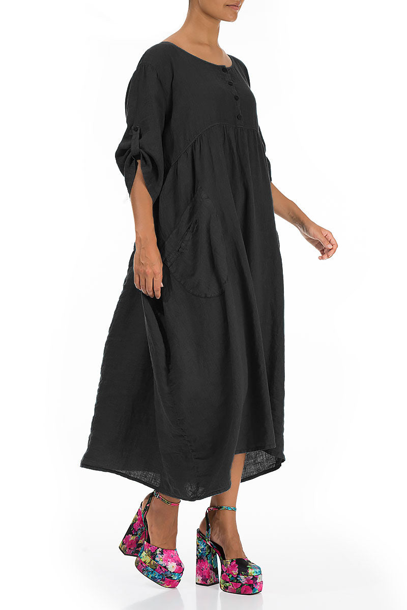 Buttoned Black Linen Dress 3
