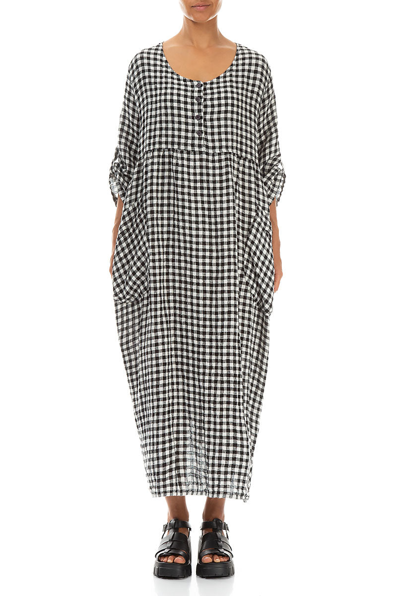 Buttoned Black & White Check Linen Dress 1