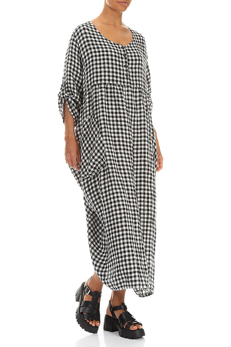 Buttoned Black & White Check Linen Dress 3