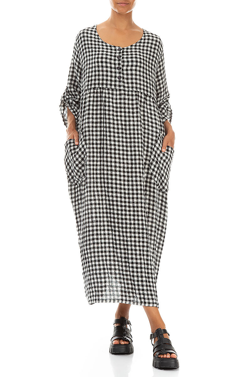 Buttoned Black & White Check Linen Dress 4