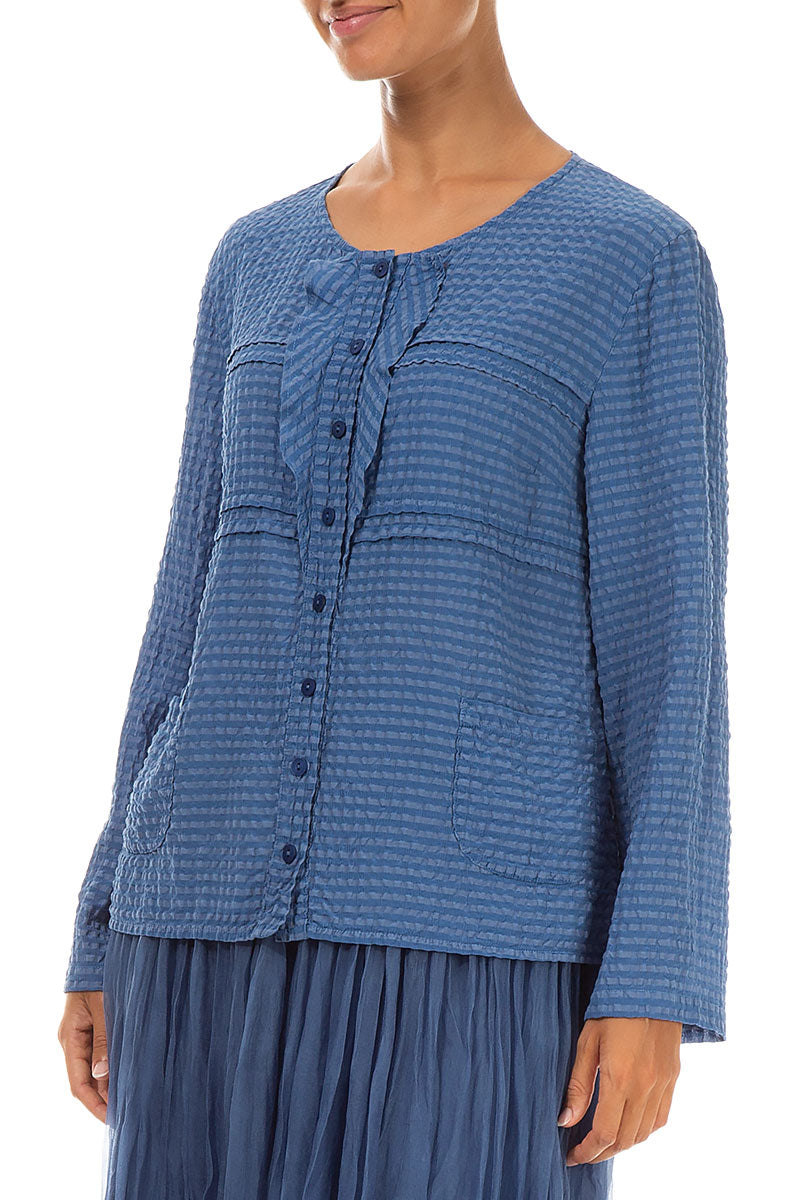 Buttoned Blue Nova Textured Silk Blouse 3