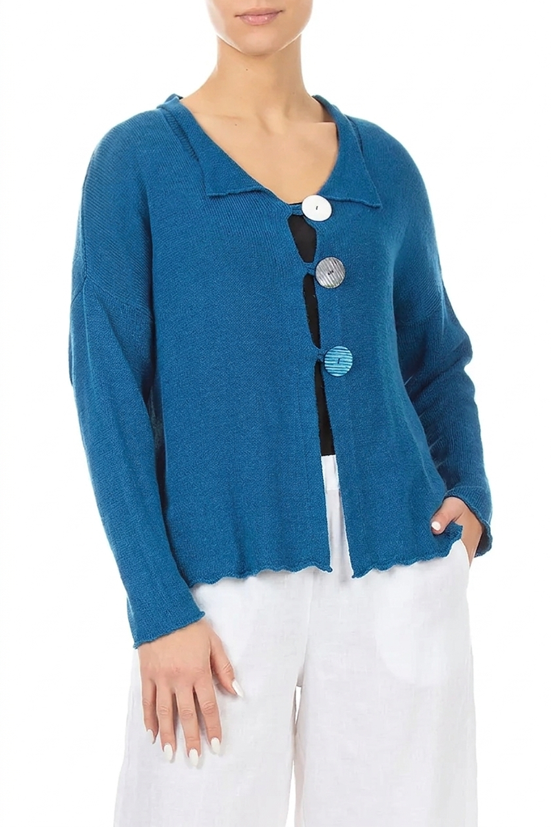 Buttoned Cobalt Blue Linen Cardigan 3