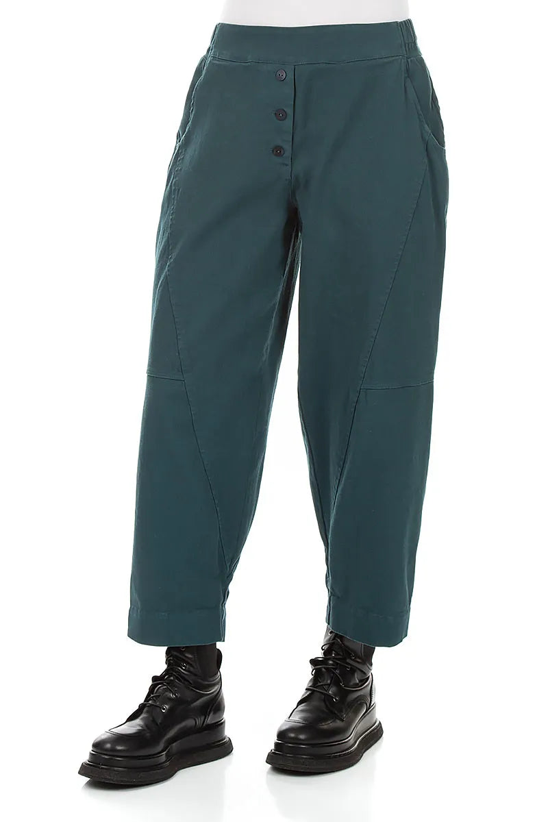 Buttoned Deep Turquoise Denim Cotton Trousers 3