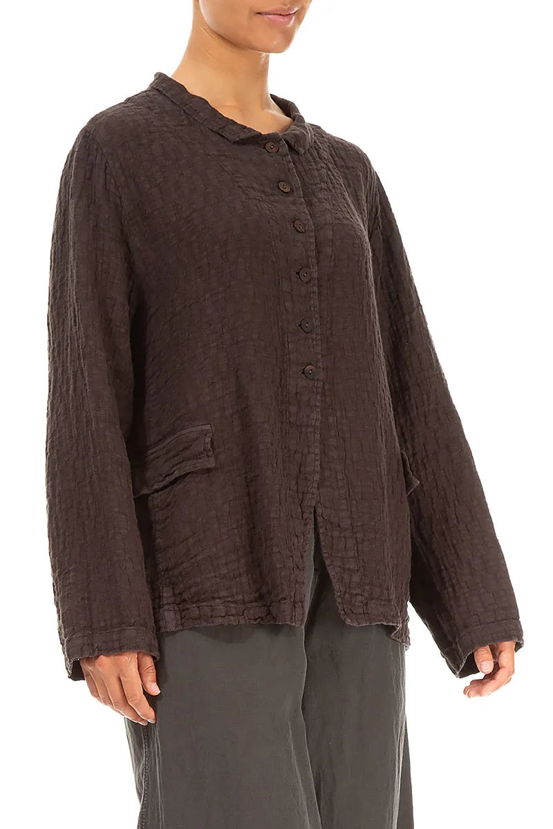 Veste boutonnée en lin texturé marron forêt