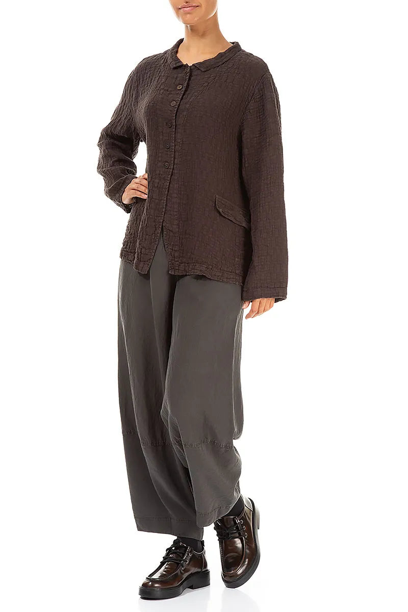 Veste boutonnée en lin texturé marron forêt