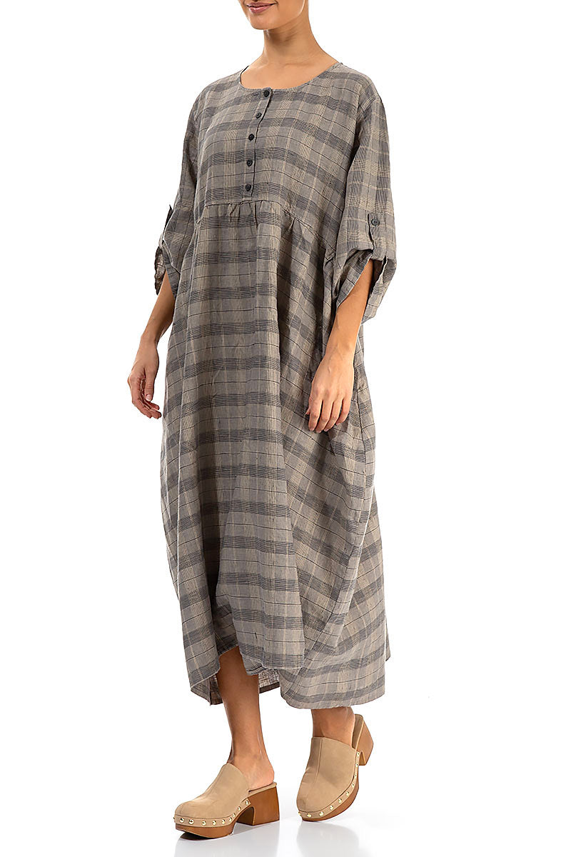 Buttoned Greige Check Linen Dress 3