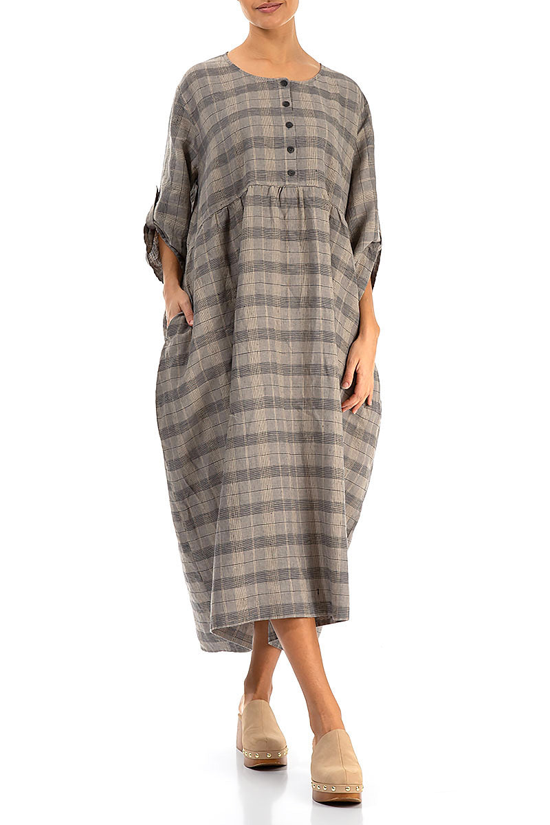 Buttoned Greige Check Linen Dress 4