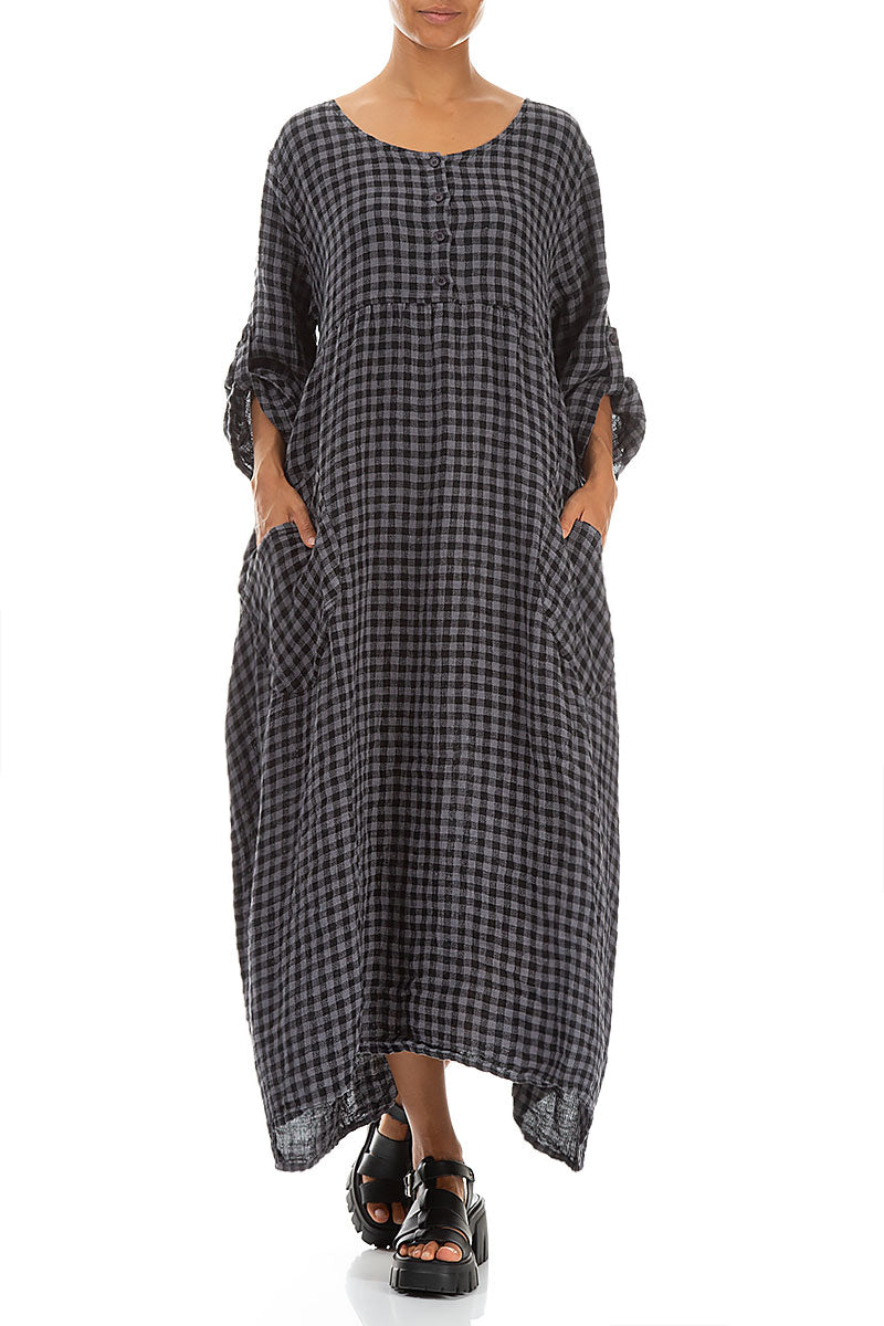 Buttoned Grey Check Linen Dress 3