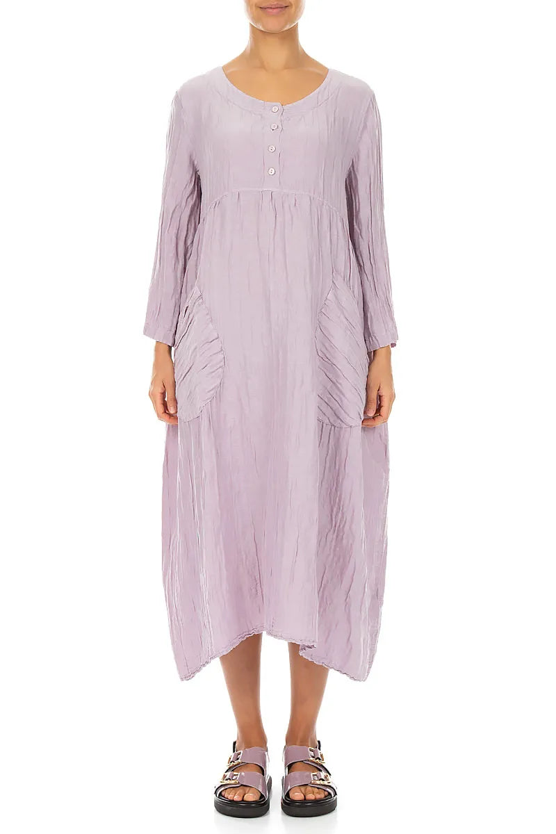 Buttoned Lilac Crinkled Silk Linen Dress 1