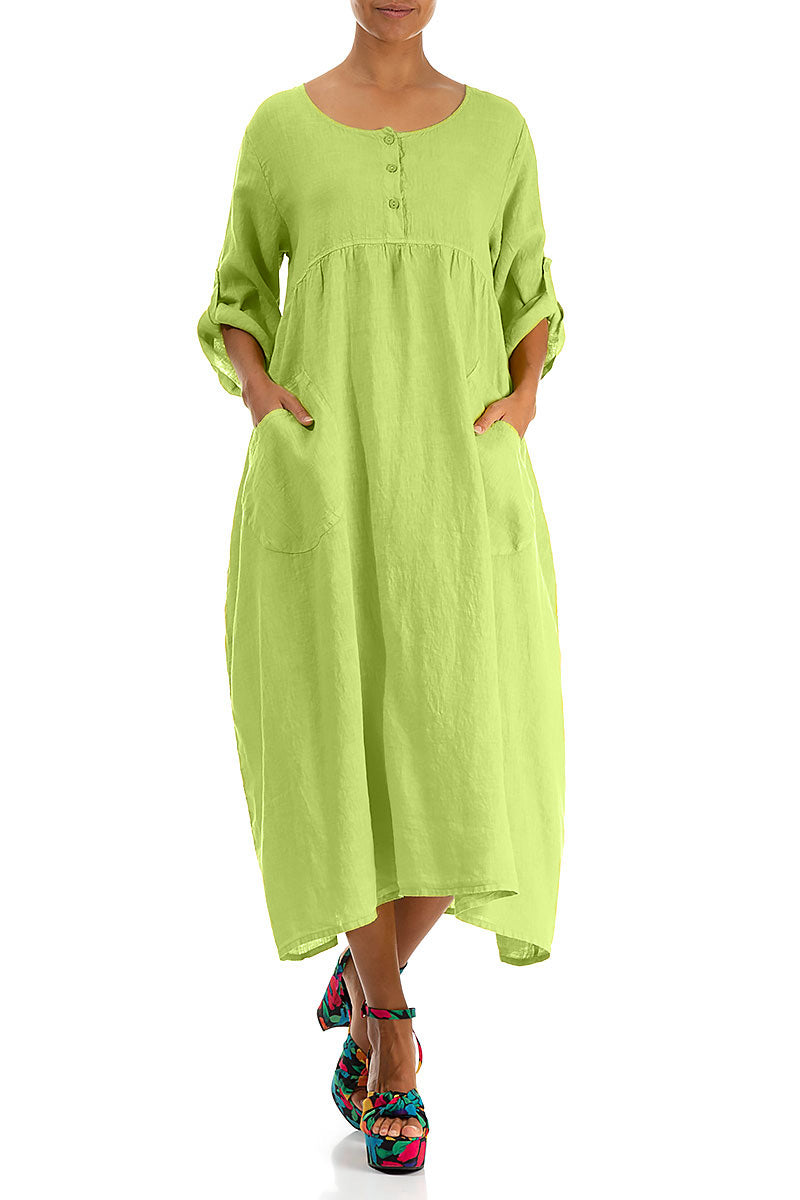 Buttoned Lime Linen Dress 4