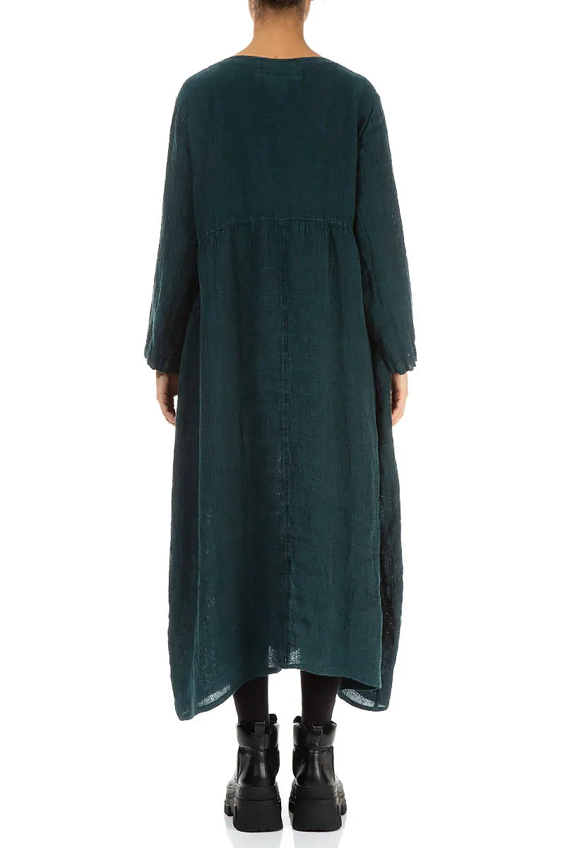 Buttoned Peacock Mélange Linen Dress 2
