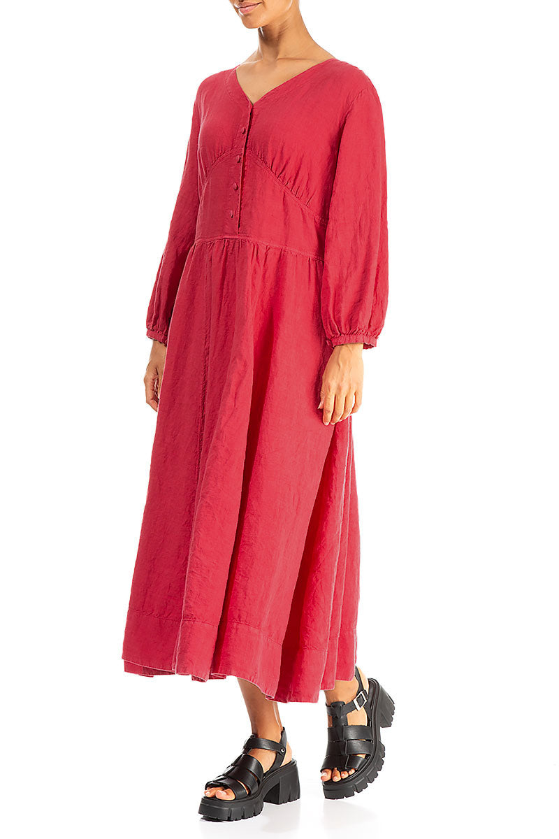 Buttoned V-Neck Raspberry Linen Dress 3