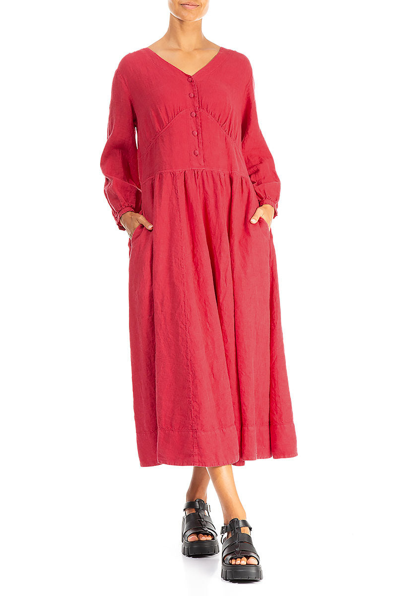 Buttoned V-Neck Raspberry Linen Dress 4