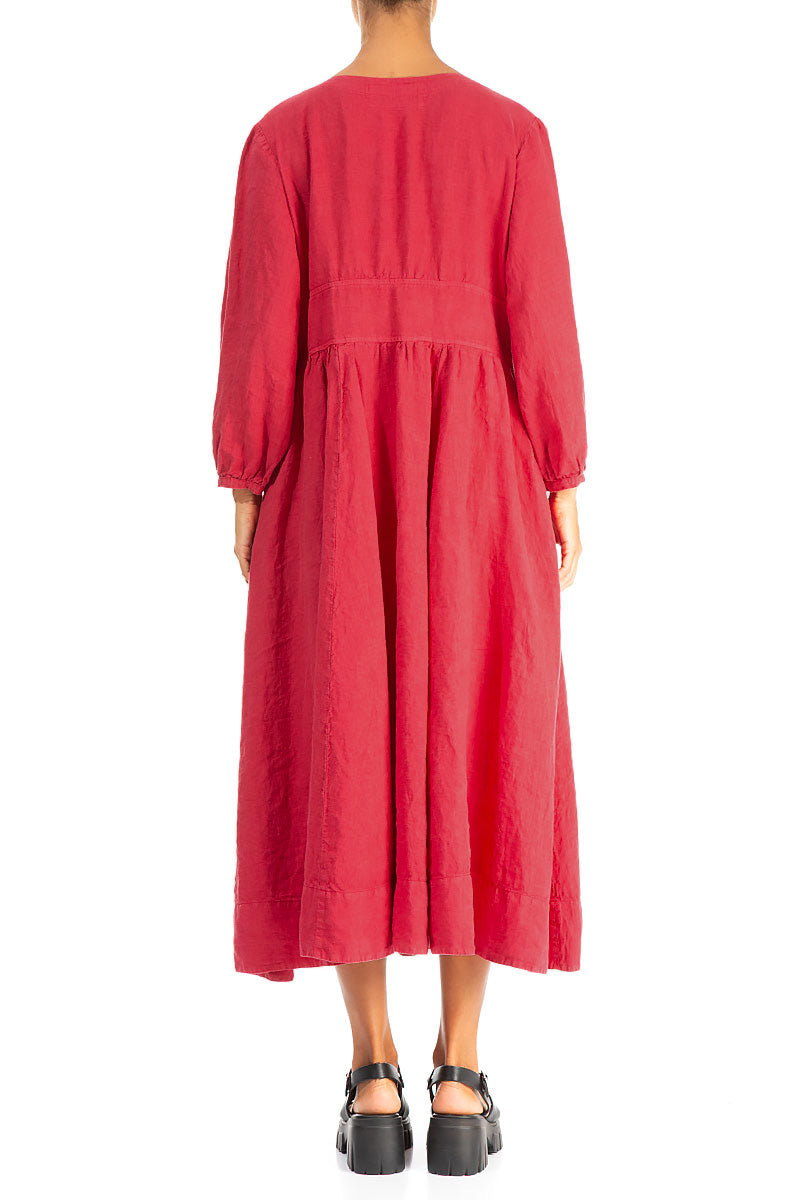 Buttoned V-Neck Raspberry Linen Dress 2