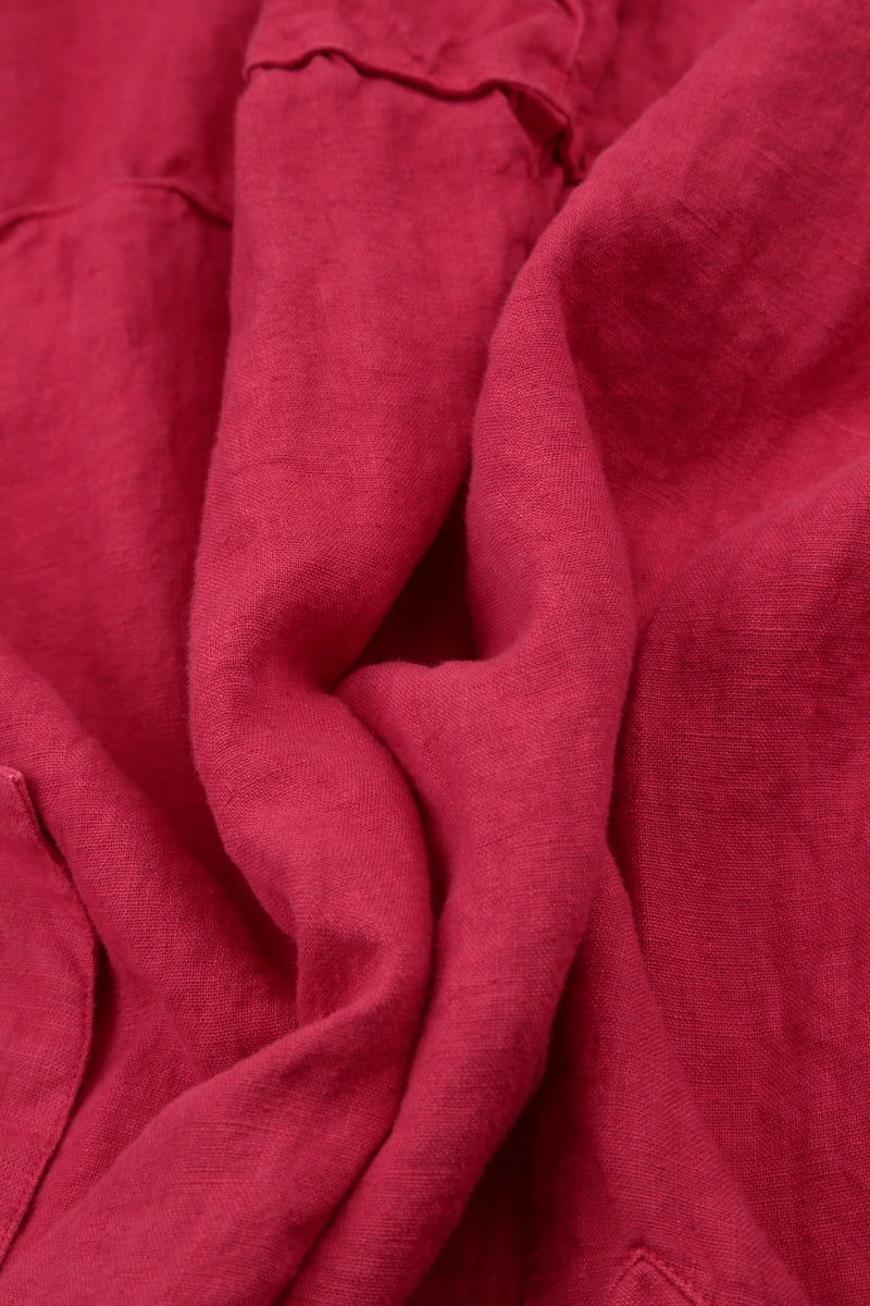 Buttoned V-Neck Raspberry Linen Dress 5