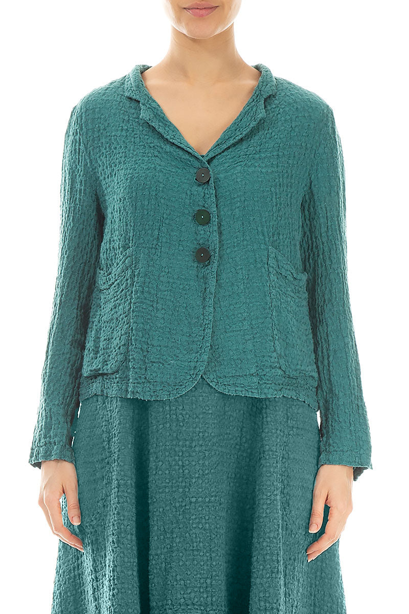 Buttoned Textured Turquoise Linen Jacket 1