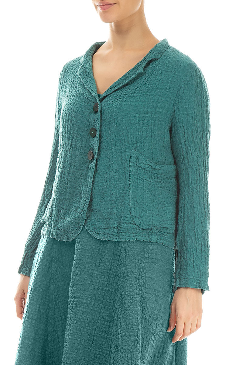 Buttoned Textured Turquoise Linen Jacket 3