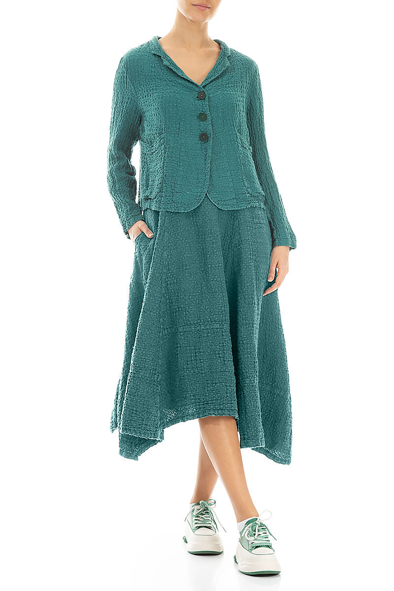 Buttoned Textured Turquoise Linen Jacket 4