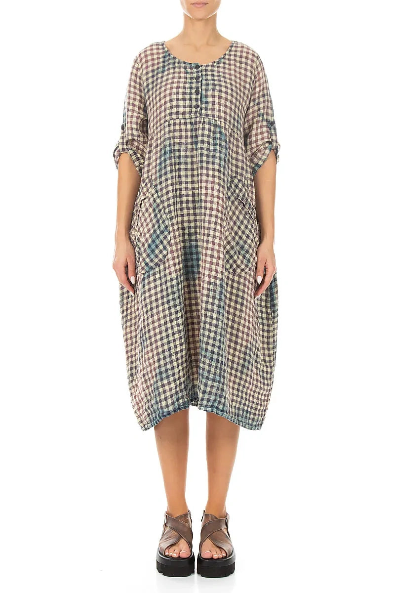 Buttoned Watercolour Check Linen Dress 2